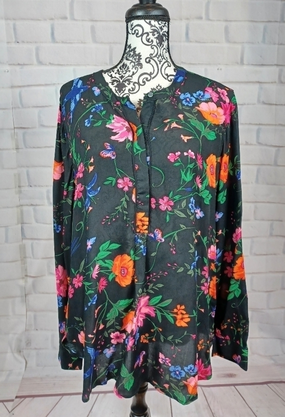Old Navy women's floral print 1/2 button long sleeve semi sheer sz xl top b11
